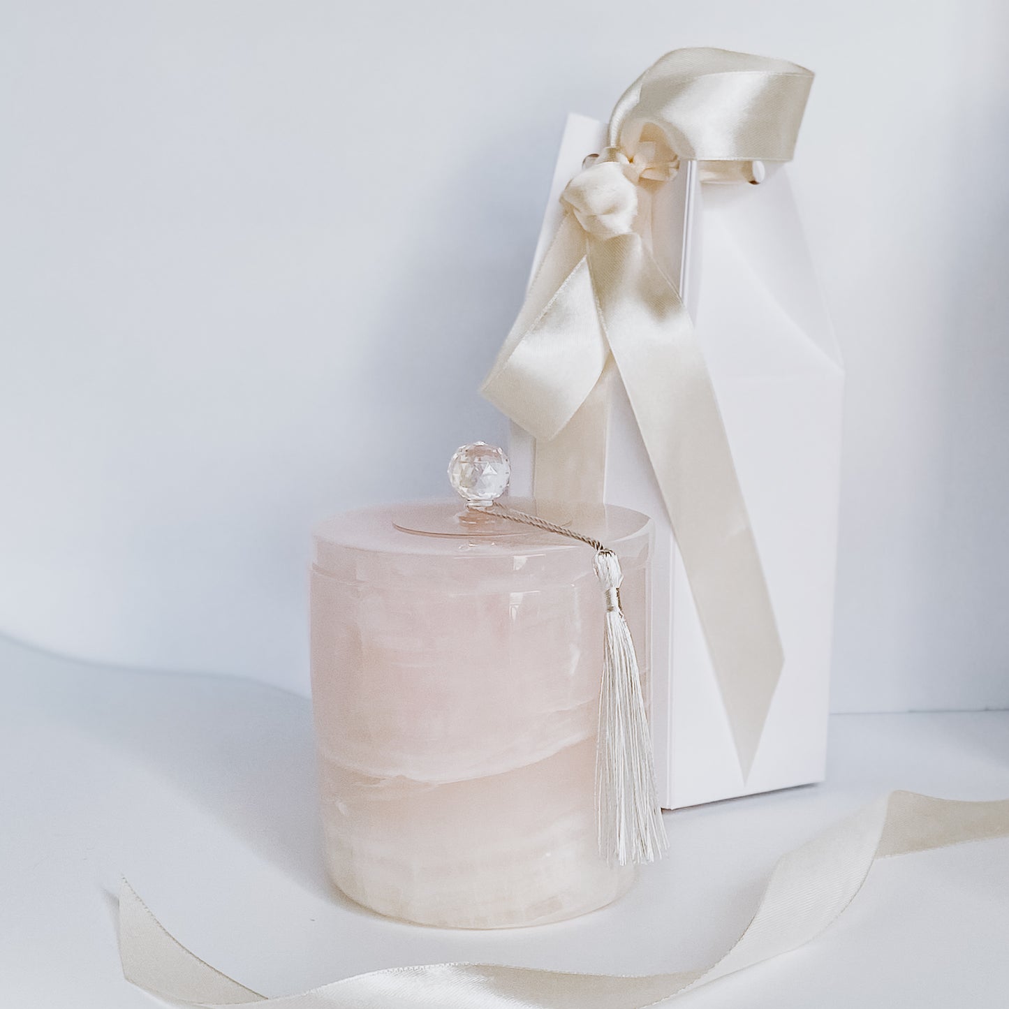 Luxurious Pink Onyx Vessel. Glass Candle Insert includes 2 pink onyx hearts and Pearl mica glistening wax
