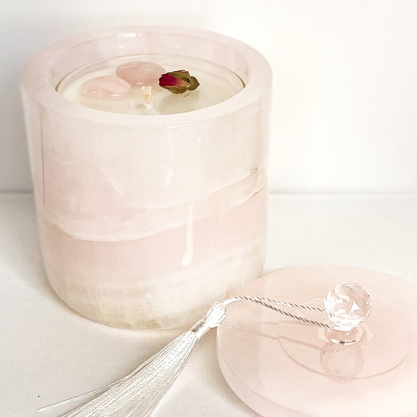Luxurious Pink Onyx Vessel. Glass Candle Insert includes 2 pink onyx hearts and Pearl mica glistening wax