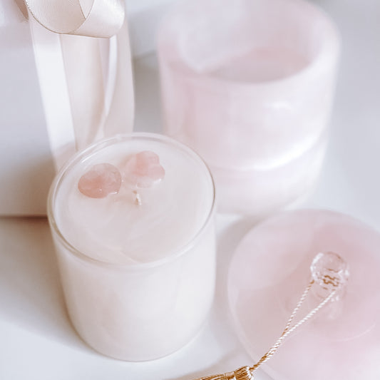 Luxurious Pink Onyx Vessel.  Glass Candle Insert includes 2 pink onyx hearts and Pearl mica glistening wax