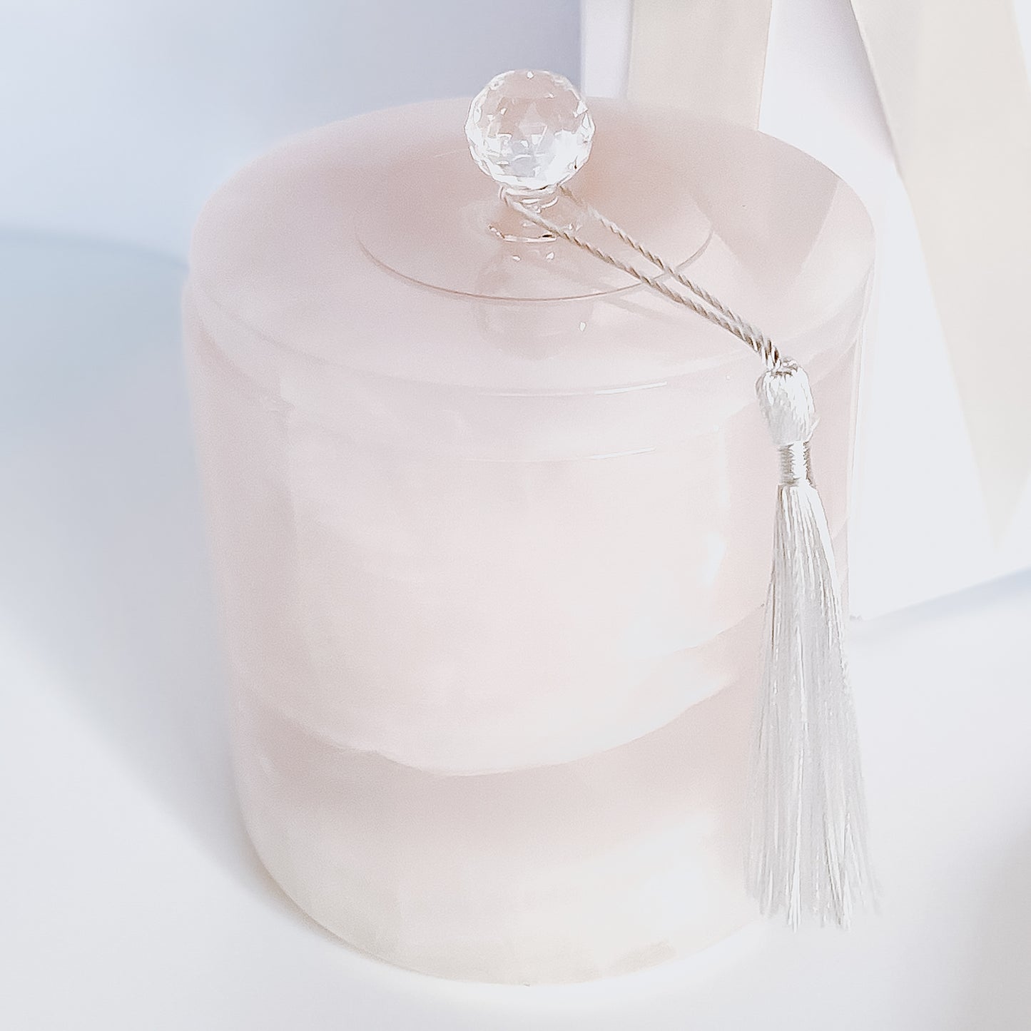 Luxurious Pink Onyx Vessel. Glass Candle Insert includes 2 pink onyx hearts and Pearl mica glistening wax