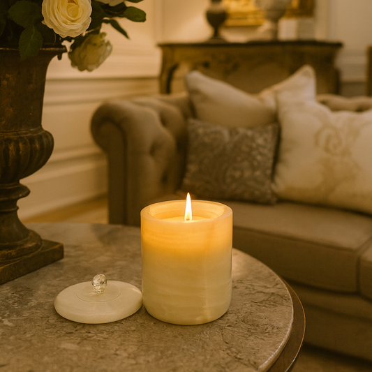 Luxurious White Onyx Vessel.  Glass Candle Insert included