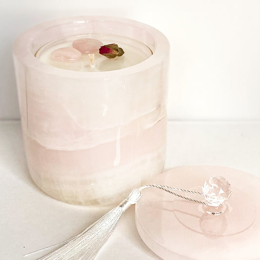 Luxurious Pink Onyx Vessel.  Glass Candle Insert includes 2 pink onyx hearts and Pearl mica glistening wax
